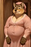 anthro brown_body brown_fur clothed clothing crossdressing detailed_background fur green_eyes headgear headwear inside looking_at_viewer male nightgown overweight overweight_anthro overweight_male pink_clothing pink_headwear solo solo_focus mexlicano big_bad_wolf_(shrek) canid canine canis mammal wolf hi_res