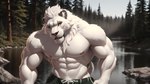 abs absurd_res anthro areola bottomwear bumblebee95 clothed clothing detailed detailed_background detailed_fur felid fur hi_res lion looking_at_viewer male mammal muscular nipples pantherine pecs pubes realistic solo topless wallpaper white_body white_fur