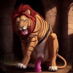 animal_genitalia animal_pussy crouching crouching_over_dildo dildo dildo_insertion eyes_closed felid female feral fur genitals harness hi_res lion looking_pleasured mammal mane multicolored_body multicolored_fur ocillet pantherine pussy red_mane sex_toy sex_toy_insertion solo stripes tongue tongue_out two_tone_body two_tone_fur vaginal whiskers