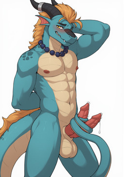 2_penises anthro athletic balls blush bodily_fluids ear_fins embarrassed fangs fin flustered fur gem genital_fluids genitals hair hand_behind_back hand_behind_head hand_behind_own_head horn_jewelry horn_ring jewelry leaking_precum male masturbation multi_genitalia multi_penis muscular mythology necklace nipples nude orange_hair pearl_(gem) pearl_necklace penis precum ring_(jewelry) sex simple_background solo tail_around_penis tail_fetish tail_masturbation tail_play tail_sex tailjob tapering_penis white_background yellow_eyes digitalloh dragon furred_dragon mythological_creature mythological_scalie scalie hi_res