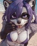 anthro beach bikini blep breasts claws cleavage clothed clothing female hair looking_at_viewer navel navel_piercing nipple_slip piercing purple_claws purple_eyes purple_hair seaside solo swimwear tongue tongue_out kufihliwe mira_(kufihliwe) mammal procyonid raccoon hi_res