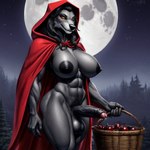 abs anthro apple areola balls basket big_breasts black_areola black_hair black_lips black_nipples black_nose bodily_fluids breasts cloak clothing container erection food foreskin forest forest_background fruit full_moon fur genital_fluids genitals grey_body grey_fur gynomorph hair intersex lips looking_at_viewer moon mostly_nude muscular muscular_gynomorph muscular_intersex nature nature_background navel night nipples pecs penis plant precum precum_on_penis red_hood seductive smile solo thick_thighs tree wide_hips woods canid canine canis mammal were werecanid werecanine werewolf wolf 1:1