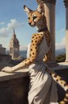 anthro breasts city city_background clothed clothing collar degenstoic detailed detailed_background detailed_fur dress felid feline female fully_clothed fur hi_res inner_ear_fluff long_neck mammal neck_tuft rear_view sea serval small_breasts solo spots spotted_body spotted_fur standing tuft water whiskers white_clothing