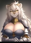 aeanohr anthro armor big_breasts breasts cleavage cleavage_overflow clothed clothing felid female hair inner_ear_fluff lion looking_at_viewer mammal narrowed_eyes pantherine seductive side_boob simple_background smile solo tuft white_hair yellow_eyes