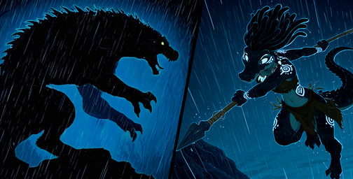 3_toes anthro barefoot digitigrade dreadlocks duo feet female feral fight forest glowing glowing_tattoo holding_object holding_weapon jewelry jumping male male/female markings melee_weapon midair necklace night open_mouth outside plant polearm running solo spear tattoo teeth toes tree tribal tribal_clothing tribal_jewelry tribal_markings tribal_necklace tribal_tattoo weapon loren_iipsum monster hi_res