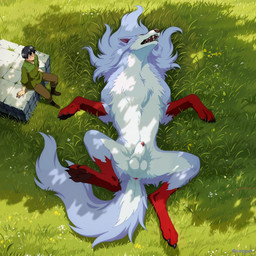 animal_genitalia animal_penis anime_style anus balls being_watched big_balls blue_body blue_eyes blue_fur boots bottomwear brown_bottomwear brown_clothing brown_pants canine_genitalia claws clothing day detailed_background duo fangs feral fluffy fluffy_balls fluffy_fur fluffy_tail footwear fur furry_body genitals gloves_(marking) grass grass_field grassland green_clothing green_sclera green_shirt green_topwear grey_body grey_fur larger_feral larger_male legs_in_air light looking_at_another male male/male male_feral markings multicolored_body mythology neck_tuft outside pants pawpads paws peeking_penis penis penis_tip pink_anus plant presenting presenting_balls presenting_sheath raised_paw red_pawpads road sharp_teeth sheath sheath_tuft shirt shrub sitting_on_rock size_difference sleeping slight_smile smaller_male solo stone_wall sunlight tail teeth toe_claws topwear tuft two_tone_body under_tree view_from_above wall_(structure) georgus campfire_cooking_in_another_world_with_my_absurd_skill fel_(fenrir) mukoda_tsuyoshi canid canine canis human mammal mythological_creature wolf hi_res