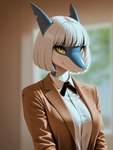 anthro blurred_background bob_cut clothing female front_view hair inside jacket looking_at_viewer mouth_closed pupils sharp_teeth shirt short_hair slit_pupils solo teeth topwear undershirt white_hair yellow_eyes sk_main fish marine shark hi_res