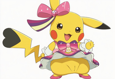 accessory bottomwear bow_(feature) bow_accessory bow_ribbon bow_tie brown_eyes cleft_tail clothed clothing cosplay_pikachu_(costume) dress eyelashes female feral footwear fur genitals gesture hair_accessory hair_bow hair_ribbon looking_at_viewer open_mouth open_smile pink_clothing pink_footwear pink_shoes pussy ribbons shoes simple_background skirt smile solo standing tail tongue waving white_background yellow_body yellow_fur jomisa nintendo pokemon pikachu_pop_star generation_1_pokemon pikachu pokemon_(species)