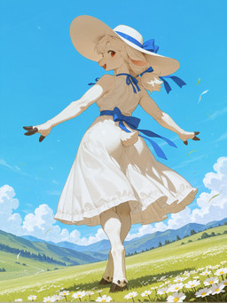 4_fingers accessory anthro back_ribbon bangs blue_ribbon blue_sky breasts clothing cloud cloudy dress eyelashes female field fingers flower goat_ears grass hair hair_accessory hair_ribbon happy hat headgear headwear hill hooved_fingers hooves landscape looking_at_viewer looking_back looking_back_at_viewer mountains neck_ribbon open_mouth pink_inner_ear pink_nose plant rear_view red_eyes ribbons scut_tail short_tail sky sleeveless small_breasts smile solo spread_arm sun_hat tree twintails_(hairstyle) walking white_clothing white_dress white_flower white_hair white_hat white_headwear wind burioth bovid caprine goat mammal absurd_res hi_res