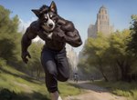 anthro askiewarg athletic athletic_male border_collie canid canine canis collar collie domestic_dog herding_dog hyper_realistic_ai male mammal muscular muscular_male park pastoral_dog running sheepdog solo veiny_arm