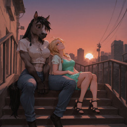 abs anthro barefoot biped black_hair blonde_hair blue_bottomwear blue_clothing blue_eyes blue_pants bottomwear braided_hair breasts brown_body brown_eyes brown_fur building city cityscape cleavage clothed clothing denim denim_bottomwear denim_clothing detailed_background dress duo feet female female/female footwear fur hair high_heels jeans larger_anthro larger_female long_hair midriff muscular muscular_anthro muscular_female navel outside pants sandals shirt shoes sitting sitting_on_stairs size_difference sky smaller_female smaller_human smile sun sunset topwear white_body unknown_director invoke_high equid equine horse human mammal hi_res