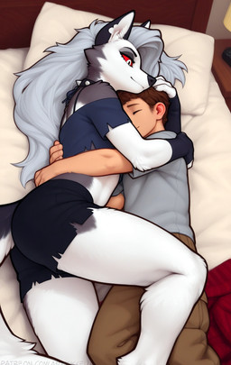 anthro bed black_body black_fur bottomwear brown_hair clothed clothing collar crop_top duo embrace eyes_closed female fluffy fluffy_tail fully_clothed fur furniture grey_body grey_fur grey_hair hair holding_partner hotpants hug inner_ear_fluff inside lying lying_on_bed lying_on_side male male/female on_bed pale_skin pants pillow red_sclera shirt shorts spiked_collar spikes topwear tuft white_body white_fur zaddha hellaverse helluva_boss loona_(helluva_boss) canid canid_demon canine canis demon hellhound human mammal wolf hi_res