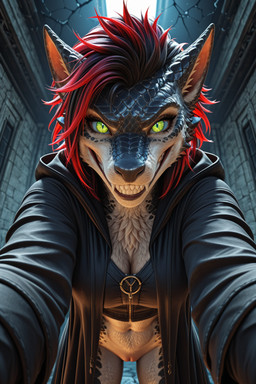 anthro bottomless clothed clothing fangs female fur genitals leather leather_clothing looking_at_viewer mythology pupils pussy slit_pupils solo teeth denis0k dragon furred_dragon mythological_creature mythological_scalie scalie hi_res