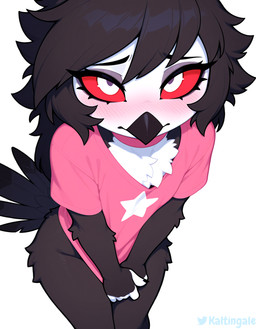 5_fingers anthro beak black_body black_fur black_hair blush bottomless chest_tuft choker claws clothed clothing clothing_pull covering covering_crotch elbow_tuft eyeshadow feathers female fingers flat_chested front_view fur hair high-angle_view hip_tuft jewelry long_hair looking_at_viewer makeup necklace red_sclera shirt shy simple_background solo star tail_feathers topwear tuft white_background white_body white_eyes white_fur kaltingale_(director) hellaverse helluva_boss octavia_(helluva_boss) avian demon owl_demon hi_res watermark