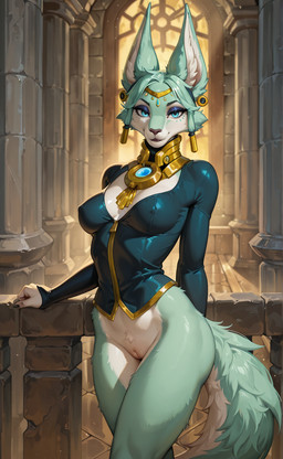 anthro bottomless clothed clothing female genitals jewelry looking_at_viewer pussy solo standing denis0k nintendo the_legend_of_zelda mineru hi_res