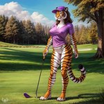 anthro bottomless clothed clothing female genitals golf grass hat headgear headwear outdoors plant pussy shirt solo t-shirt topwear tree denis0k felid mammal pantherine tiger