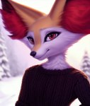 absurd_res ambiguous_gender anthro braixen bust_portrait canid canine clothing detailed generation_6_pokemon hi_res kadoodlebob looking_at_viewer mammal pokemon_(species) portrait smile smirk snow solo sweater topwear