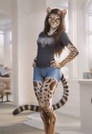 anthro bottomwear brown_hair clothed clothing denim denim_clothing digitigrade female fur hair hands_on_hips inside jeans long_hair multicolored_body multicolored_fur pants shirt shorts smile solo spots standing stripes topwear window director_crashbandit felid feline leopardus mammal ocelot hi_res novelai