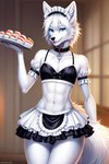 anthro blue_eyes bottomwear clothing collar femboy food maid_uniform male skirt solo sushi uniform winterwolf arctic_wolf canid canine canis mammal wolf