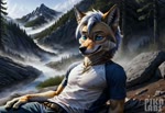 animated anthro belt bottomwear canid canine canis clothing cloud coyote denim denim_clothing forest hair img2video jeans lying male mammal mountains pants pika_labs plant river rock shirt solo tkyoprko topwear tree watermark webm white_hair wind