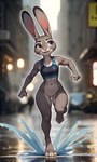 abs anthro athletic athletic_female bottomless bottomless_female bra casual_exposure city city_background clothed clothing ears_up female genitals jogging public public_exposure pussy running smile solo splash sports_bra street underwear water_drops zootopia anonymous_director judy_hopps lagomorph leporid mammal rabbit absurd_res hi_res