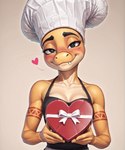 <3 anthro black_eyes blush box_of_chocolates candy chef_hat chocolate clothed clothing dessert face_blush fangs female food freckles half-closed_eyes hat head_tilt headgear headwear looking_at_viewer narrowed_eyes shirt smile smiling_at_viewer smirk smirking_at_viewer snout solo tank_top tanktop tattoo topwear tribal tribal_tattoo kingkoom valentine's_day tracy_(snoot_game) dinosaur reptile scalie hi_res