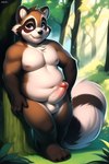 absurd_res anthro balls black_body black_fur black_nose brown_body brown_fur bushy_tail canid canine chikais chubby_anthro chubby_male colored cute_expression digital_media_(artwork) erection forest fur genitals hi_res humanoid_genitalia looking_at_viewer male mammal novelai nude outside penis plant purple_eyes raccoon_dog slightly_chubby solo standing stripes tanuki tree vein veiny_penis watermark white_body white_fur