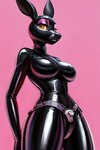 2024 anthro bdsm biped breasts chastity_belt chastity_device clothing collar female pink_background rubber rubber_clothing rubber_suit simple_background standing submissive submissive_anthro anonymous_director cervid mammal watermark