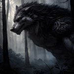 absurd_res anthro canid canine canis dark_background dfw forest fur grey_body grey_fur hi_res male mammal plant solo tree were werecanid werecanine werewolf wolf