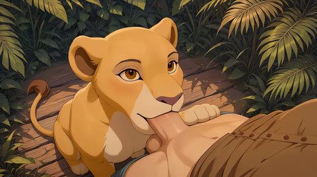 balls bestiality bottomwear clothing countershading day duo ears_up enjoying eyebrows eyelashes faceless_character faceless_male fellatio female female_penetrated feral genitals green_eyes high-angle_view jungle light looking_up looking_up_at_viewer male male/female male_penetrating male_penetrating_female mouth_closed oral oral_penetration orange_body pants paws penetration penile penis penis_in_mouth plant sex shirt sitting_on_ground smile solo_focus standing sunlight tail tail_tuft topwear tuft white_body white_countershading bweeguy skrilleth the_lion_king kiara_(the_lion_king) felid human lion mammal pantherine animated hi_res short_playtime webm