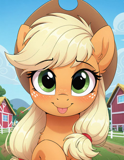 blep blonde_mane chest_tuft clothing cowboy_hat eyelashes female fur grass green_eyes hat headgear headwear mane orange_body orange_fur outside plant sky smile smiling_at_viewer solo tongue tongue_out tuft cloudmild friendship_is_magic my_little_pony applejack_(mlp) earth_pony equid equine horse mammal pony 2025 hi_res