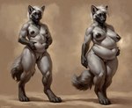 anthro belly big_belly big_breasts black_body black_fur breasts digitigrade female fur genitals grey_body grey_fur hair looking_at_viewer multicolored_body navel nipples nude obese overweight overweight_anthro peach_pussy presenting presenting_belly pussy sagging_breasts seductive slightly_chubby small_breasts smile solo standing thick_thighs transformation tuft walking weight_gain white_hair wide_hips jackalische canid canine fox mammal red_fox silver_fox detailed hi_res