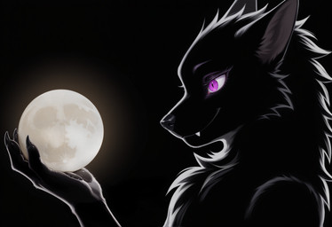 anthro black_background claws cute_fangs female light moon moonlight pawpads pupils purple_eyes simple_background slit_pupils smile solo weytani99 rusha_(weytani99) canid canine canis mammal wolf hi_res