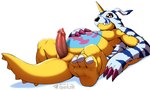 3_toes animal_genitalia animal_skin anthro biped bodily_fluids claws erection feet fur genital_fluids genital_slit genitals horn lying male nude on_back penis precum red_eyes simple_background slightly_chubby slit solo text toes white_background yellow_body sergalbutt digimon digimon_(species) gabumon 5:3 signature url