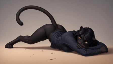 4_toes 5_fingers amber_eyes anthro arched_back artois_posting_service ass_up barefoot black_body black_fur black_hair bottomless bottomless_female breasts butt clothed clothing comfyui_(software) digitigrade feet female fingers flatpiecexlvae_baseona1579_(vae) fur furationxl_(model) hair jack-o'_pose long_hair looking_at_viewer lying melanistic nai-diffusion-4-5-full_(model) narrowed_eyes paws pink_nose ponystandardvae_v10_(vae) pose raised_tail realesrgan_x4plus_(upscaler) sdxl_vae_fp16_(vae) seductive simple_background smile solo tail toes topwear yellow_eyes crashbandit felid feline mammal pantherine digital_media_(artwork) prompt_metainfo shaded