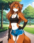 anthro blue_eyes breasts brown_hair chest_tuft cleavage clothed clothing cloud crop_top dolphin_shorts female front_view fur grass hair hand_on_hip hand_on_leg hand_on_thigh looking_at_viewer midriff orange_body orange_fur outside park plant pose prompt shirt sky small_breasts smile solo standing topwear tree tuft white_body white_fur anontk twokinds laura_(twokinds) canid canine fox mammal 2025 hi_res portrait three-quarter_portrait
