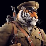 anthro belt black_stripes clothing fur gun hat headgear headwear jacket male markings military military_uniform orange_body orange_fur pink_nose ranged_weapon rifle sniper_rifle solo stern_look striped_body striped_fur striped_markings striped_tail stripes tail_markings topwear uniform weapon nikkolaus felid mammal pantherine tiger