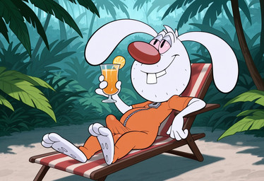 anthro balls barefoot beverage big_penis buckteeth chair clothed clothing erection erection_under_clothing feet fur furniture genital_outline genitals holding_beverage holding_object humanoid_genitalia humanoid_penis jumpsuit jungle lying male on_chair orange_clothing outside penis plant red_nose relaxing smile solo teeth tree white_body white_fur boxen549 brandy_and_mr._whiskers disney mr._whiskers lagomorph leporid mammal rabbit