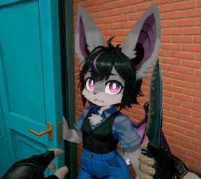 anthro bat_ears black_hair blue_clothing chibi clothing counter-strike door doorway duo eyelashes female first_person_view fur gloves grey_body grey_fur hair hair_between_eyes handwear knife membrane_(anatomy) membranous_wings purple_eyes scut_tail short_tail standing stuck topwear tuft vest wings loren_iipsum magna bat mammal hi_res meme