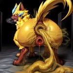 anatomically_correct anatomically_correct_anus anatomically_correct_genitalia anatomically_correct_pussy anthro anus bodily_fluids crouching fart fart_fetish feces female fur gaping gaping_anus gaping_pussy generation_7_pokemon genitals legendary_pokemon looking_at_viewer pokemon_(species) pussy rear_view saliva scat solo spread_legs spreading zeraora