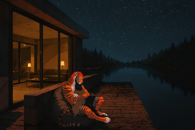 3_toes 4_toes anthro beak bean_bag bedding black_body black_claws blanket bottomwear cargo_shorts claws clothing concrete container cup detailed_background digitigrade duo ear_piercing ear_ring embrace eyes_closed feet female forest fur furniture hair highlights_(coloring) hug hugging_from_behind lamp larger_male long_tail male male/female neck_tuft night orange_body orange_fur pawpads piercing plant red_hair red_highlights ring_piercing romantic romantic_couple short_hair shorts sitting sitting_on_another size_difference sky smaller_female sofa spots spotted_body spotted_fur star starry_sky striped_body stripes table toes tree tuft water white_body white_fur window wood_floor oldhroft shadow_(oldhroft) avian felid mammal pantherine tiger velari absurd_res hi_res