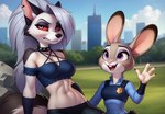 angry annoyed_expression anthro badge breasts city city_background clenched_teeth clothing collar crop_top duo ears_up female gesture looking_at_another looking_away midriff navel open_mouth outdoors park plant police police_uniform raised_arm shirt shoulderless_shirt smile spiked_collar spikes teeth topwear tree uniform waving zootopia hank94_(director) judy_hopps loona_(helluva_boss) lagomorph leporid mammal rabbit hi_res