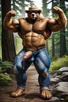 anthro areola balls bodily_fluids clothed clothing erection genital_fluids genitals male nipples penis precum presenting pubes solo tight_clothing topless kwipper smokey_bear mammal ursid hi_res