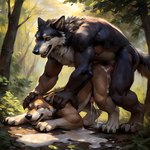 absurd_res anal anal_penetration anthro ass_up black_body black_fur bodily_fluids butt canid canine canis clawsome cum cum_inside cum_on_butt cum_pool duo excessive_cum excessive_genital_fluids from_behind_position fur genital_fluids genitals hi_res leaking_cum looking_pleasured male male/male male_penetrated male_penetrating male_penetrating_male mammal outdoors penetration sex tan_body tan_fur wolf