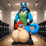 animal_genitalia anthro balls big_balls bottomwear bottomwear_down clothed clothing duo genitals huge_balls hyper hyper_balls hyper_genitalia male muscular pants pants_down partially_clothed sheath sheath_vore shirt topwear vore thedavid generation_4_pokemon generation_5_pokemon lucario pokemon_(species) zoroark hi_res