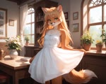 anthro bare_shoulders blonde_hair blush bottomwear breasts clothed clothing clothing_lift dress featureless_crotch female fur hair long_hair looking_at_viewer skirt skirt_lift small_breasts smile smiling_at_viewer solo solo_focus sundress magacitl canid canine fox mammal animated webm