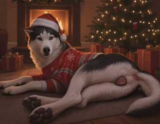 anatomically_correct anatomically_correct_genitalia anatomically_correct_pussy animal_genitalia animal_pussy anus black_body black_claws black_fur black_nose black_pussy canine_genitalia canine_pussy christmas_clothing christmas_headwear christmas_tree claws clothing female feral fireplace fur genitals gift hat headgear headwear multicolored_body multicolored_fur pink_anus plant presenting presenting_pussy pussy santa_hat solo tree two_tone_body two_tone_fur white_body white_fur wood_floor zerphy canid canine canis domestic_dog husky mammal nordic_sled_dog spitz 2025 better_version_at_source hi_res