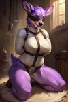 anthro bdsm blindfold bondage bound breasts chastity_belt chastity_device female fur kneeling purple_body purple_fur restraints solo straitjacket submissive submissive_anthro submissive_female anonymous_director cervid mammal 2024 watermark