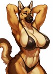 abs amber_eyes anthro armpit_showing athletic athletic_female big_breasts bikini black_clothing black_nose black_swimwear breasts brown_body brown_eyes brown_fur chest_tuft cleavage clothed clothing confident curvy_figure eyebrows female fur hands_behind_head huge_breasts inner_ear_fluff looking_at_viewer multicolored_body multicolored_fur muscular muscular_anthro muscular_female navel pose simple_background skimpy smile solo standing string_bikini swimwear tan_body tan_fur thick_thighs tight_clothing tuft white_background wide_hips anonymous_director officer_bella_(u.d) canid canine canis domestic_dog german_shepherd herding_dog mammal pastoral_dog hi_res portrait