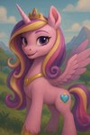 blonde_hair cloud crown female feral hair hooves horn looking_at_viewer multicolored_hair outside pink_body pink_hair plant purple_eyes purple_hair smile solo spread_wings tree wings princess_luna_from_mlp friendship_is_magic my_little_pony princess_cadance_(mlp) equid equine mammal winged_unicorn hi_res